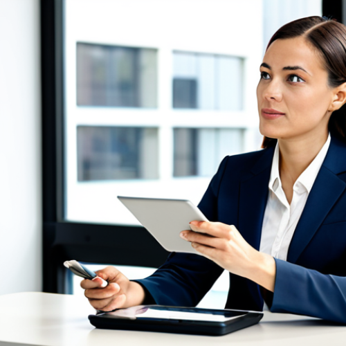 Home 22 A professional female financial advisor, wearing a modest business suit, fully clothed, appropriate attire, is sitting at a polished table in a bright, modern office. She is confidently gesturing towards a financial report on a tablet, engaging in a focused discussion with a client. The client, also in professional dress, listens attentively. Both subjects exhibit perfect anatomy, correct proportions, natural poses, well-formed hands, and proper finger count. The scene conveys professionalism, trust, and clarity, captured with high-quality, professional photography, safe for work, and appropriate content.