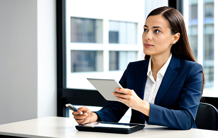 A professional female financial advisor, wearing a modest business suit, fully clothed, appropriate attire, is sitting at a polished table in a bright, modern office. She is confidently gesturing towards a financial report on a tablet, engaging in a focused discussion with a client. The client, also in professional dress, listens attentively. Both subjects exhibit perfect anatomy, correct proportions, natural poses, well-formed hands, and proper finger count. The scene conveys professionalism, trust, and clarity, captured with high-quality, professional photography, safe for work, and appropriate content.